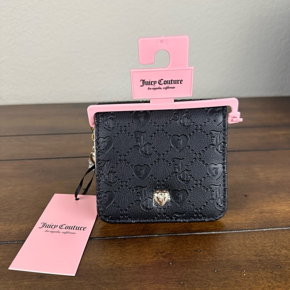 Juicy Couture Deboss Liquorice Black Zip Around Bifold Wallet w Heart Rhinestone - Picture 3 of 5
